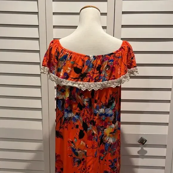 Umgee Maxi off/on Shoulder Dress in a Orange printed soft Fabric - Picture 5 of 7